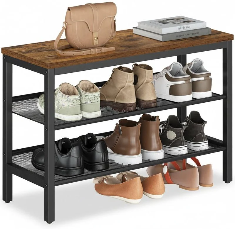 Banc à chaussures sur 3 niveaux design industriel rangement pratique 28 x 75 x 50 cm en acier noir 12_0012959