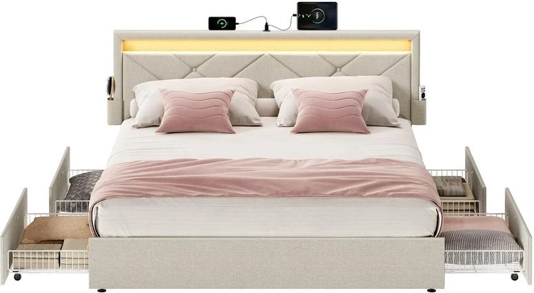 Lit double moderne avec tête de lit rembourrée 200,2 x 149 x 88,2 cm en acier beige cappuccino 12_0012608