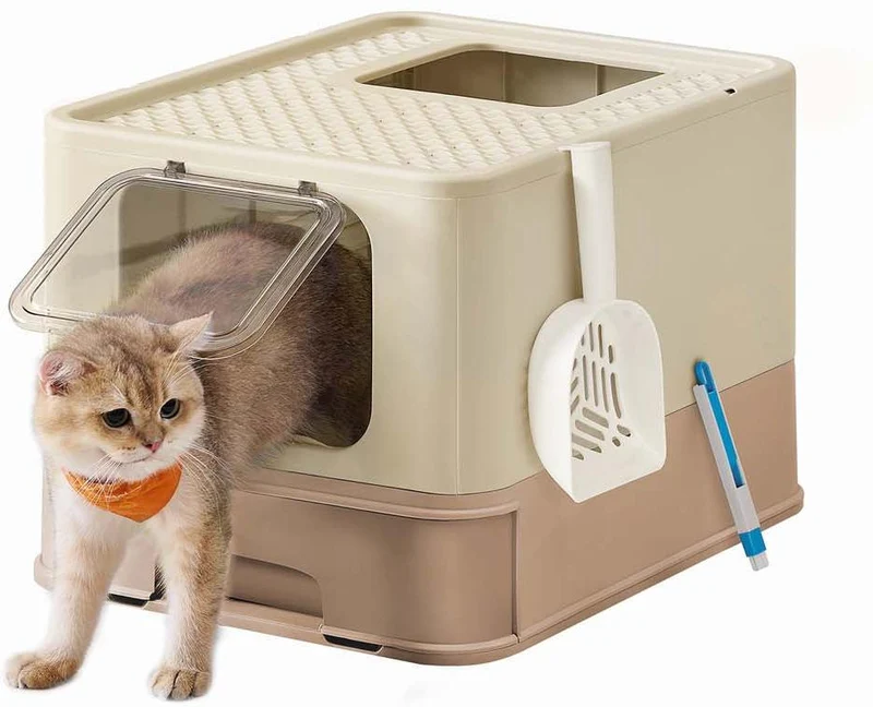 Bac à litière pour chat jusqu'à 15 kg avec pelle ergonomique 54,3 x 42,5 x 37,8 cm en plastique beige sable 12_0010908