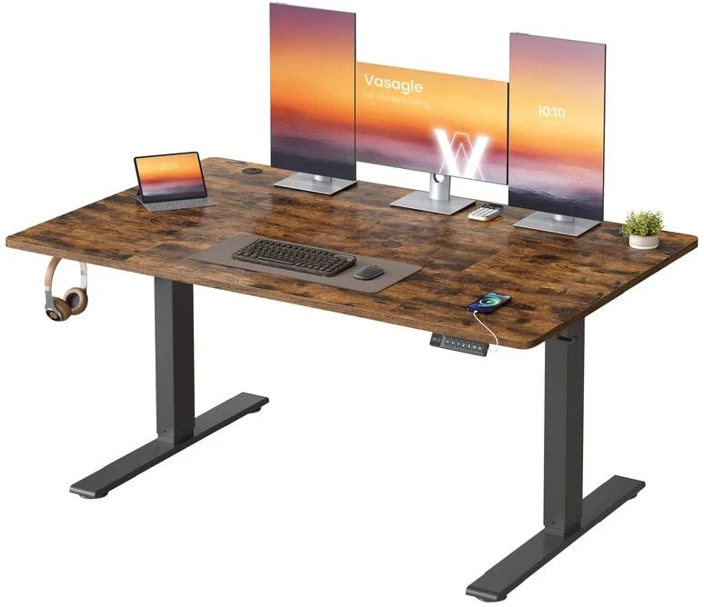 Bureau électrique réglable en hauteur 140 x 80 cm avec fonction mémoire 3 hauteurs et port USB-C style rustique en aggloméré marron 12_0012773