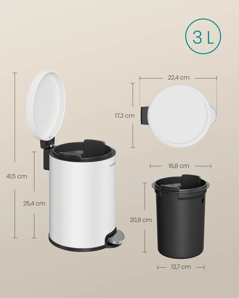 Poubelle à pédale pour salle de bain 22,4 x 17,3 x 25,4 cm fermeture douce pratique design moderne en acier blanc nuage 12_0012429