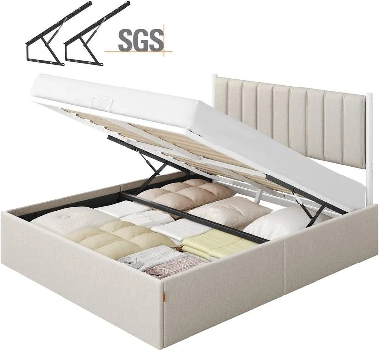 Lit coffre moderne 209,3 x 163,4 x 110 cm sommier relevable rangement pratique style minimaliste en tissu beige cappuccino 12_0012155