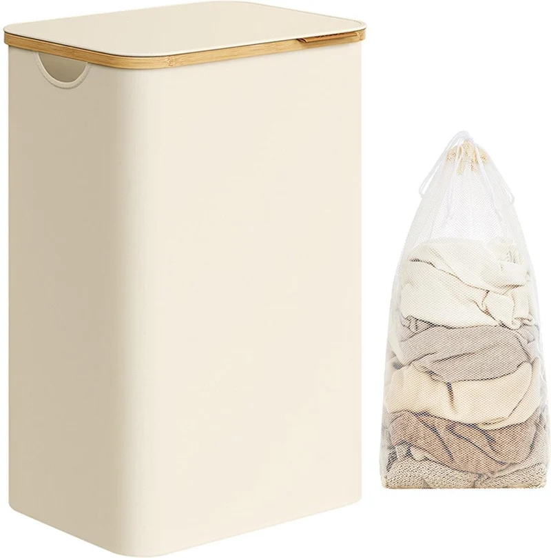 Panier à linge pliable gain de place 42 x 32 x 70,5 cm en tissu oxford blanc crème 12_0011563