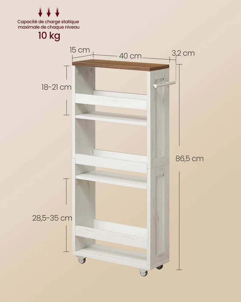 Chariot de rangement fin à roulettes pour petit espace 15 x 43 x 86 cm avec poignée style rustique en aggloméré blanc 12_0013010