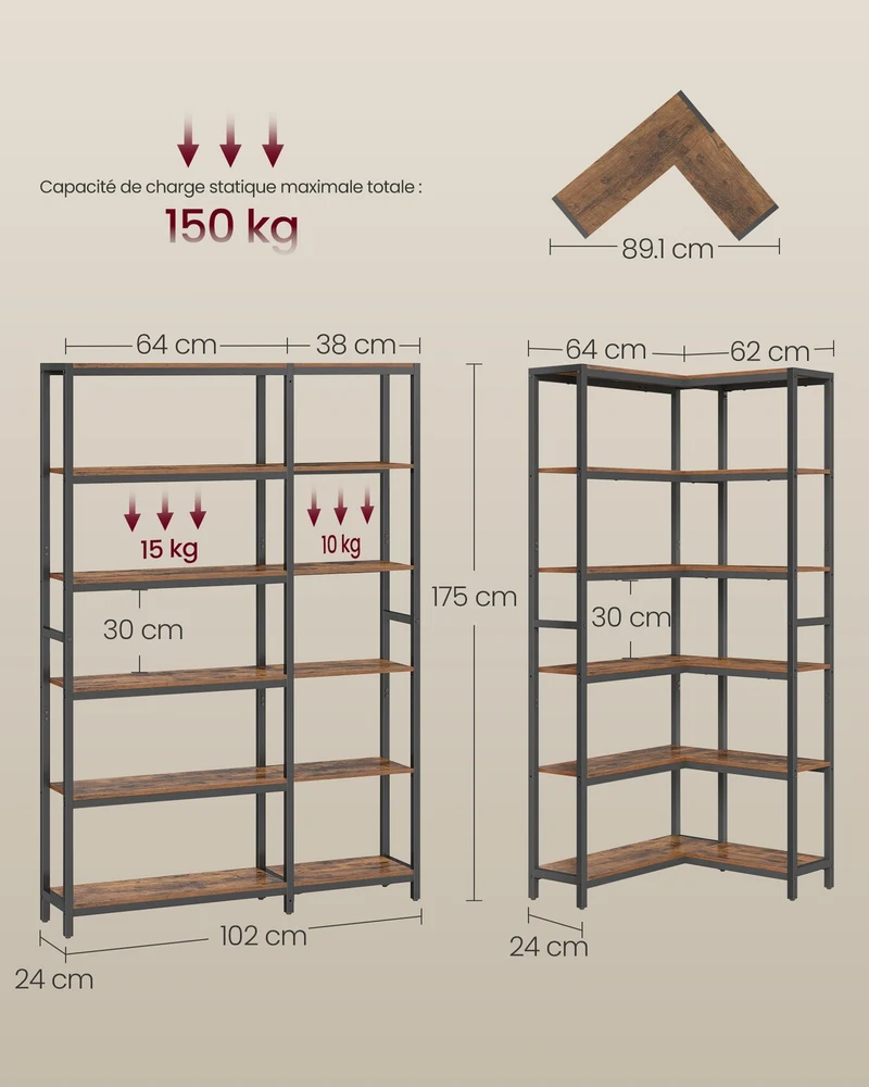 Bibliothèque d'angle moderne rangement 24 x 102 x 175 cm capacité 150 kg ambiance cosy en aggloméré marron rustique 12_0012804