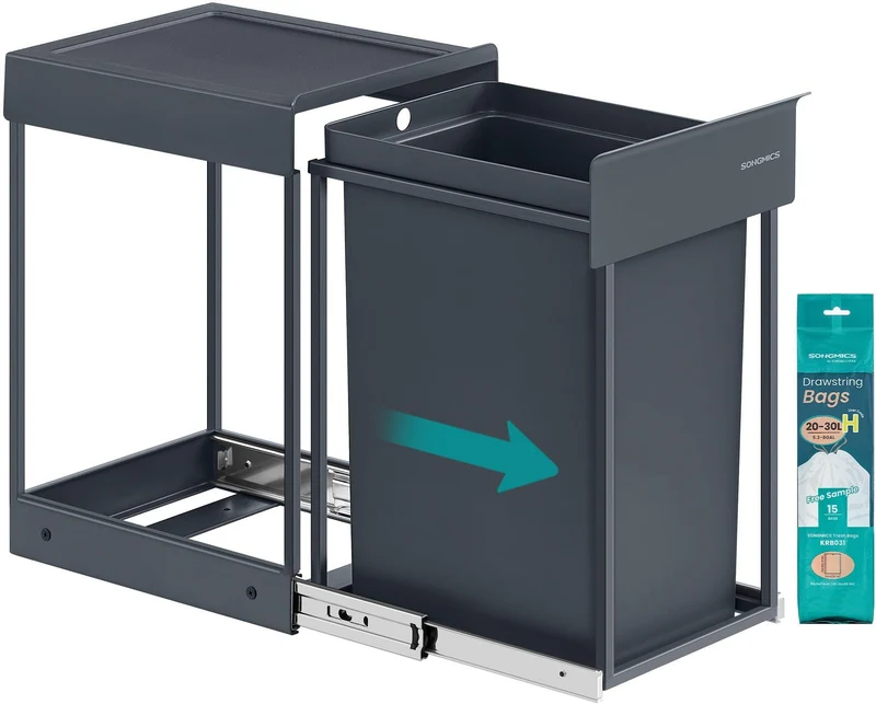 Poubelle de tri sélectif extractible coulissante 48,6 x 25,4 x 44 cm avec couvercle ergonomique style moderne en acier gris 12_0012899