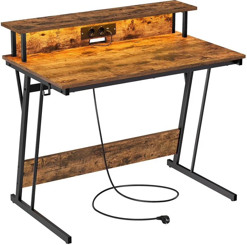 Bureau gaming ergonomique avec rehausseur d'écran pour 2 ordinateurs 60 x 100 x 76 cm en aggloméré marron rustique 12_0012058