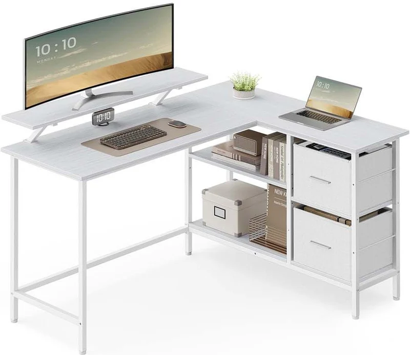 Bureau en forme de L avec 2 tiroirs spacieux et étagère réglable 105 x 135 x 89,5 cm style rustique en panneau d'aggloméré blanc érable 12_0011900