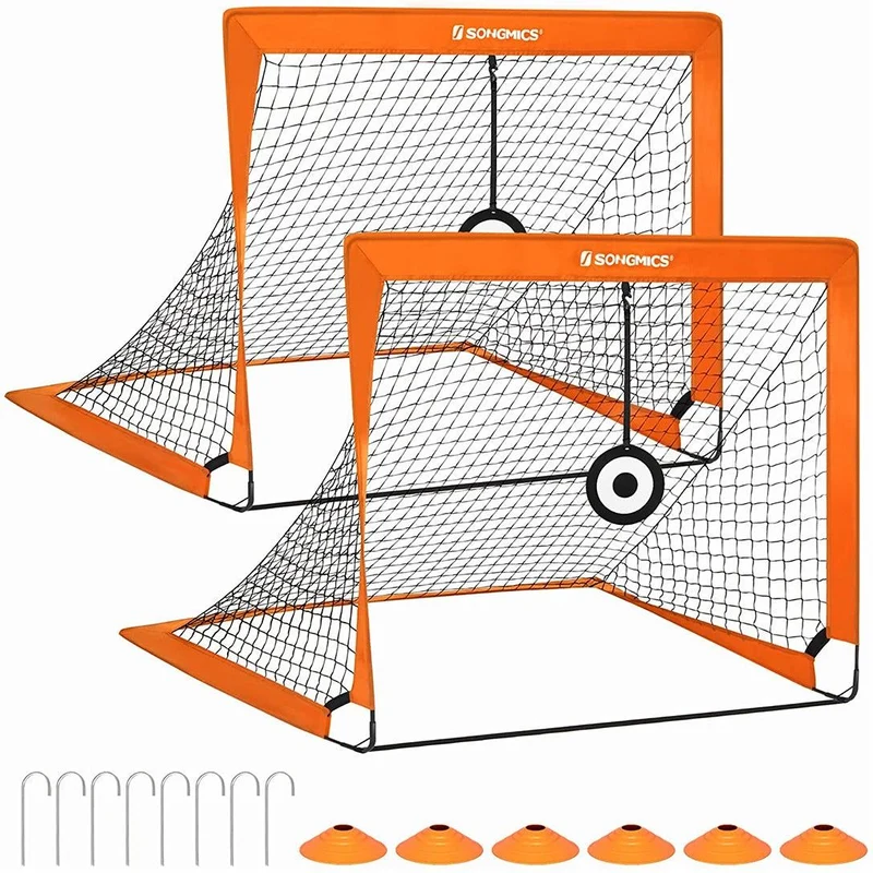 Lot de 2 cages de football pliables pour jardin parc plage 120 x 91 x 91 cm avec accessoires entraînement en polyester orange 12_0010813