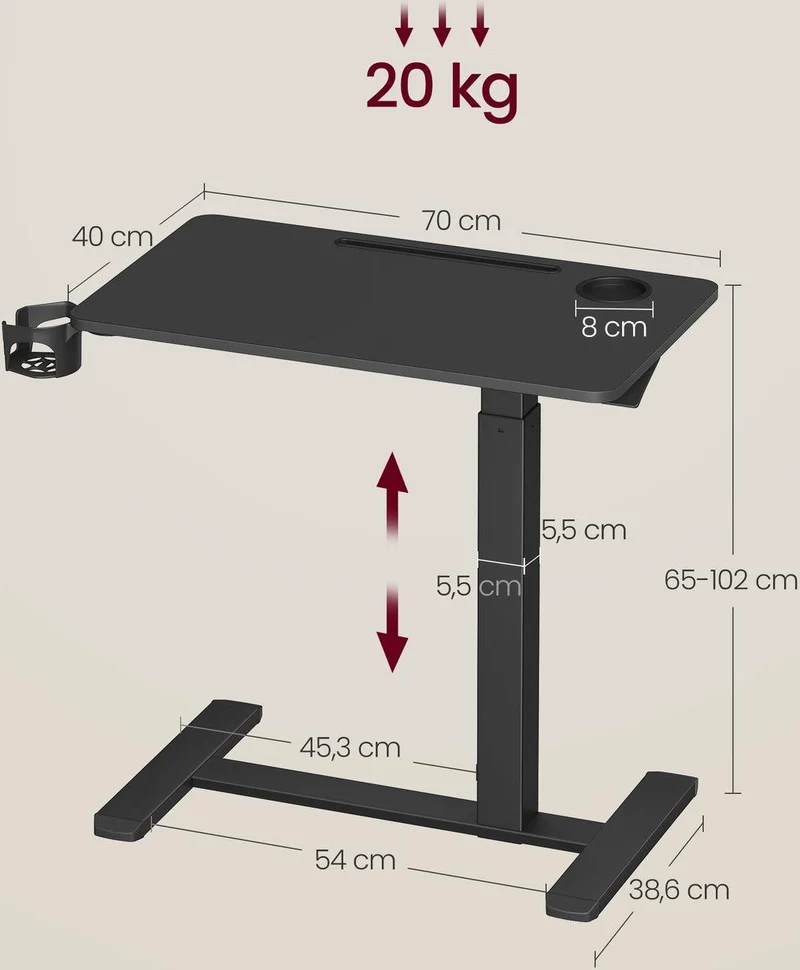 Bureau assis-debout mobile réglable en hauteur 70 x 40 x 102 cm avec porte-gobelets et fente tablette en acier noir 12_0012806