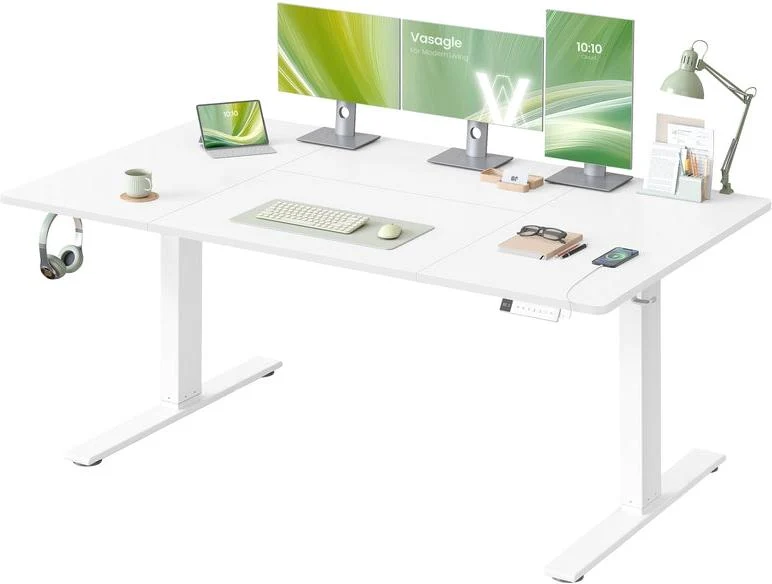 Bureau électrique réglable en hauteur 160 x 80 cm fonction mémoire 3 hauteurs avec port USB-C style rustique en aggloméré blanc 12_0012796