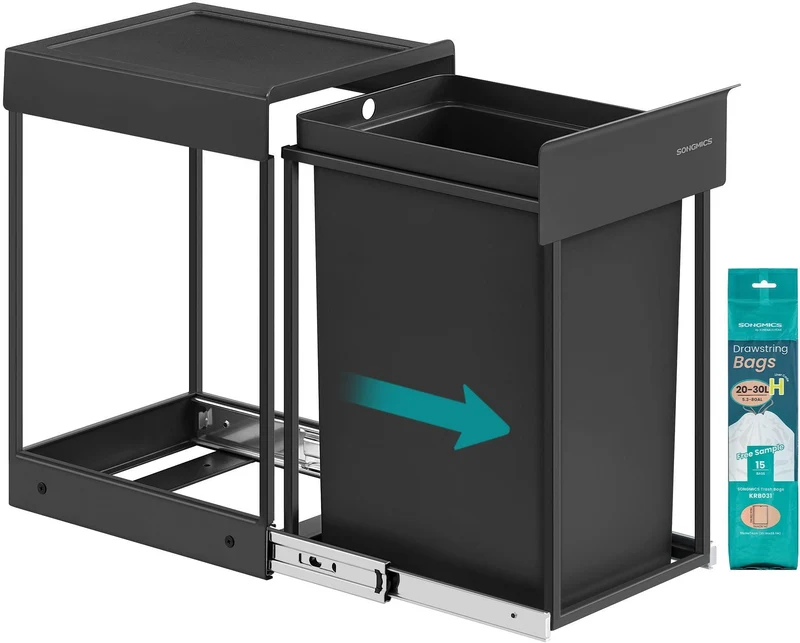 Poubelle de tri sélectif extractible coulissante 34,7 x 25,7 x 43,4 cm avec couvercle ergonomique style moderne en acier noir 12_0012107