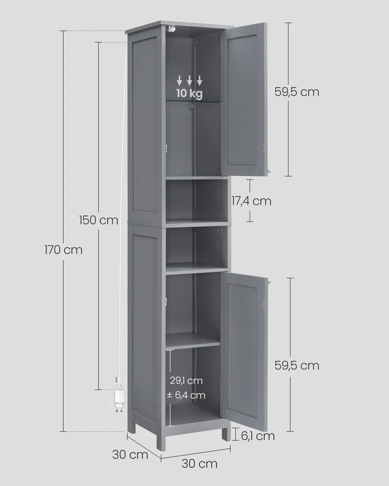 Armoire de salle de bain moderne avec étagères réglables 30 x 30 x 170 cm pour petits espaces en MDF gris tourterelle 12_0011165