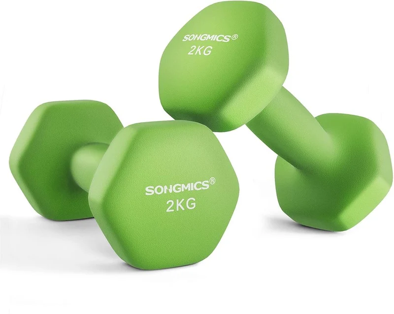 Lot de 2 haltères hexagonaux pour fitness 16 x 8 cm avec revêtement confortable en vinyle vert citron 12_0011007