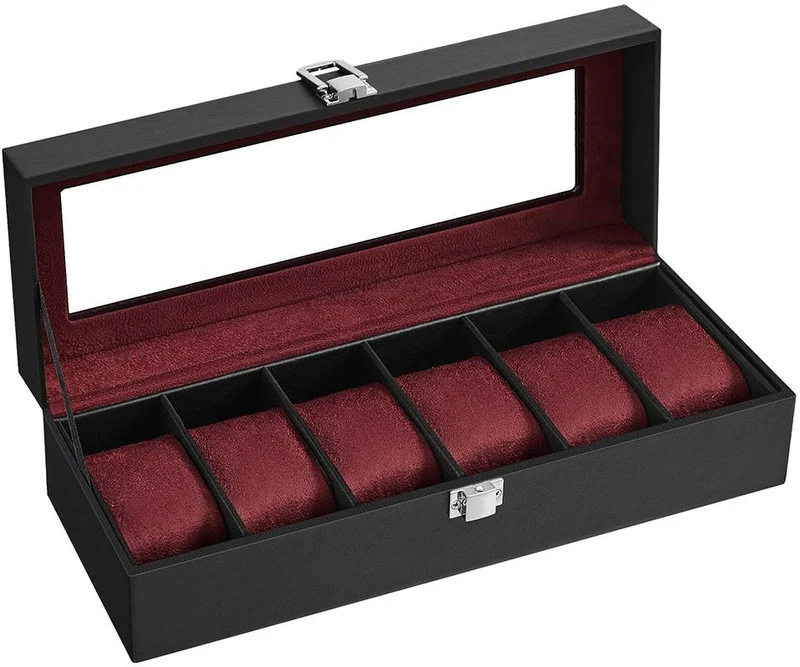 Boîte à montres 12 emplacements avec couvercle en verre 11,2 x 30 x 8 cm finition élégante en MDF noir 12_0011738