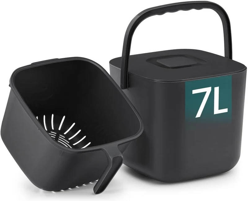 Poubelle compost cuisine 24 x 20 x 19,5 cm avec couvercle anti-odeur design moderne en plastique noir 12_0013206