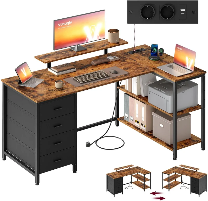 Bureau d’angle en forme de L avec étagères réglables 140 x 80 x 90 cm pour espace de travail ergonomique en aggloméré marron rustique 12_0013090