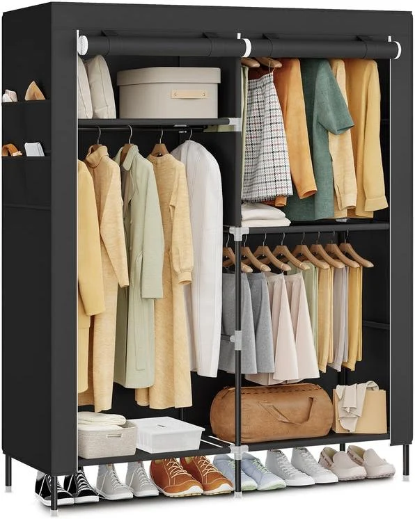Armoire de rangement tissu penderie 45 x 127 x 180 cm grande capacité 3 compartiments de suspension style moderne en tissu noir 12_0012533