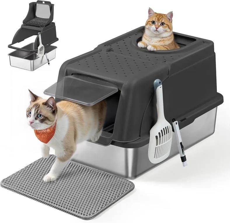Bac à litière pour chat grande taille double entrée 61 x 41 x 36,5 cm design étanche en acier inoxydable noir 12_0012403
