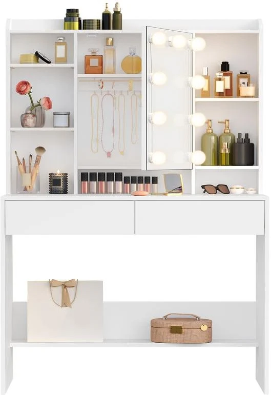 Coiffeuse moderne avec miroir lumineux réglable 40 x 90 x 144,7 cm ambiance cosy en aggloméré blanc nuage 12_0010837