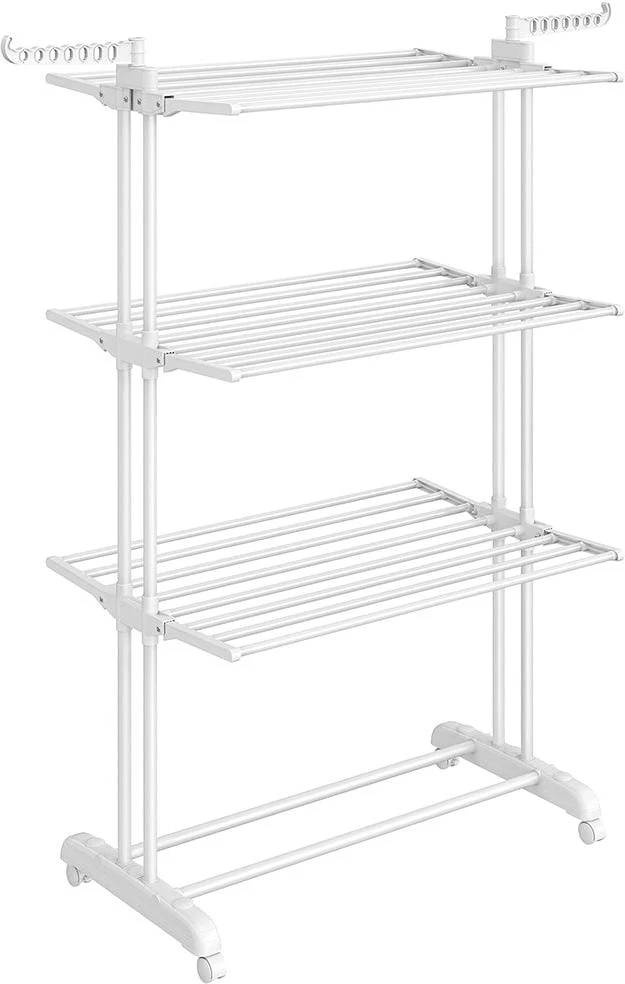 Séchoir à linge mobile pliable 63,5 x 128 x 173 cm grande capacité avec roulettes intérieur extérieur en acier blanc 12_0010770