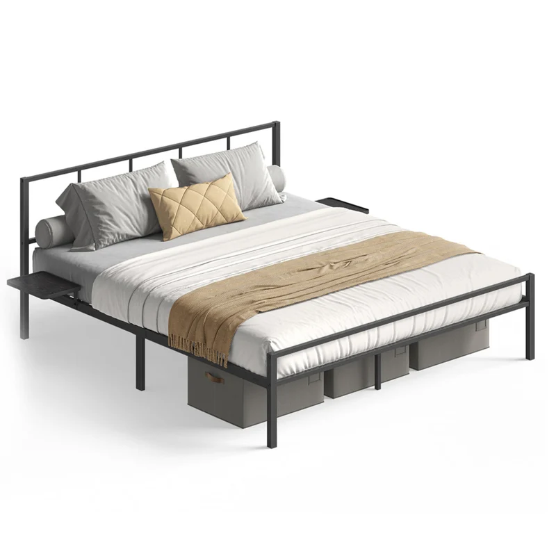 Lit double lit 2 personnes cadre de lit en métal avec étagères de rangement lit adolescent adapté pour matelas 190 x 140 cm montage facile noir classique 12_0006154