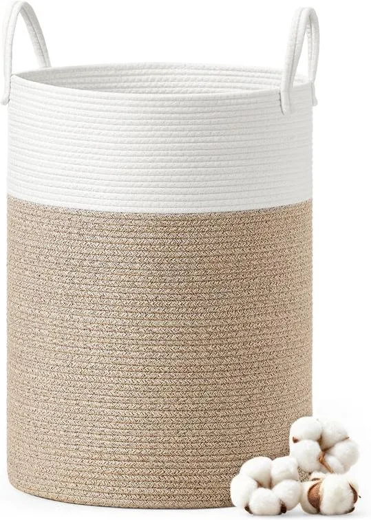 Panier à linge de rangement pour chambre buanderie 40 x 40 x 60 cm capacité 60 L ambiance cosy en corde coton blanc 12_0013052