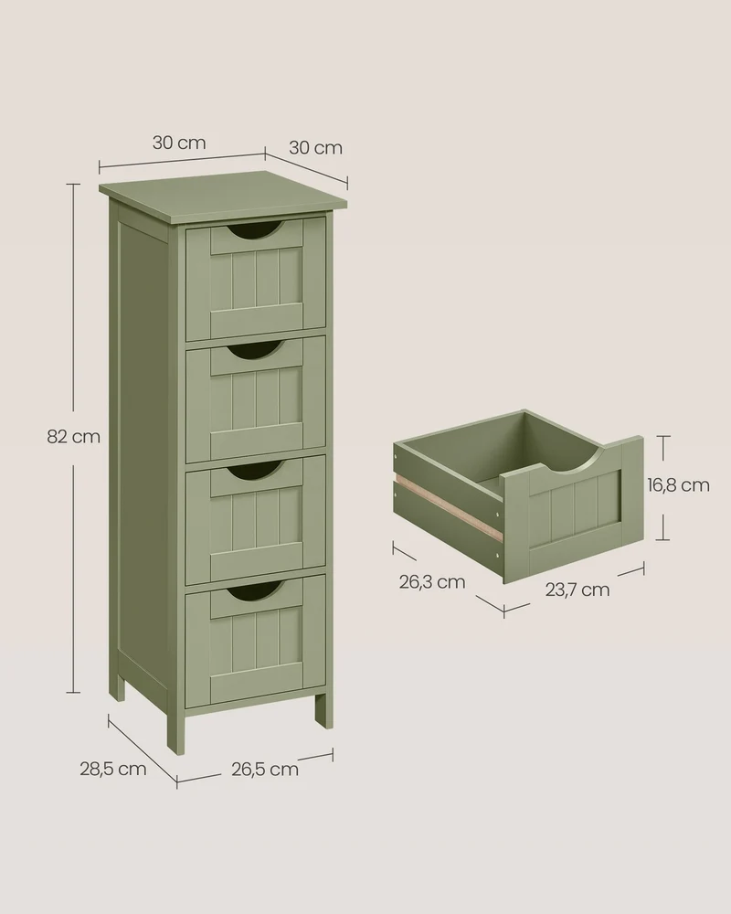 Meuble de rangement sur pieds avec 4 tiroirs 30 x 30 x 82 cm pour salon cuisine couloir en MDF vert olive 12_0008866