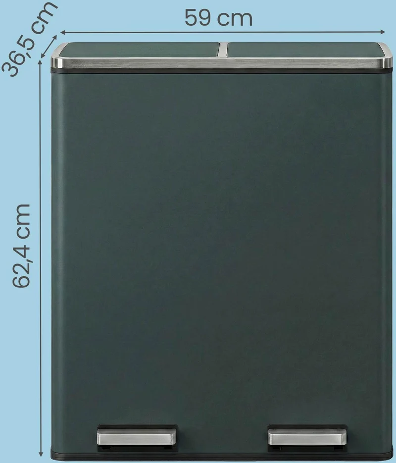 Poubelle à pédales double compartiment 59 x 32,5 x 65,2 cm anti-traces de doigts style contemporain en acier gris verdâtre 12_0013109