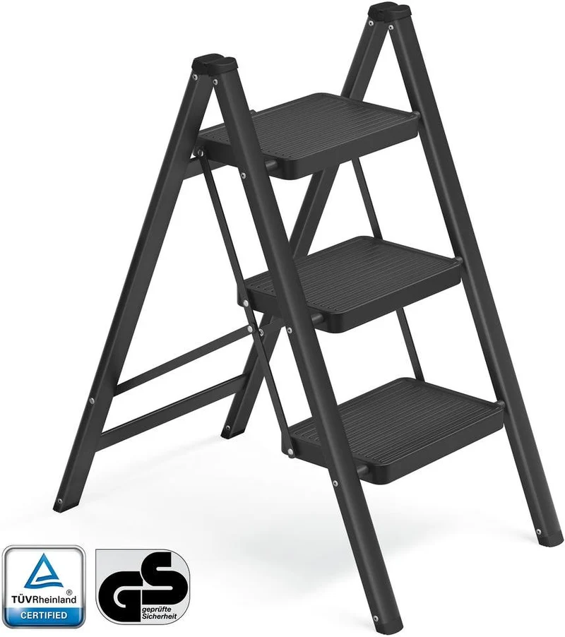 Escabeau pliable 2 marches 55 x 43,4 x 61,8 cm capacité 150 kg design moderne maison en acier noir 12_0012966
