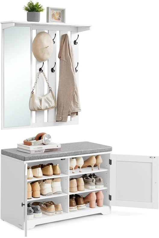 Ensemble porte-manteau avec banc à chaussures réglable 82 x 52 x 90 cm 8 crochets doubles style moderne en aggloméré blanc 12_0012910