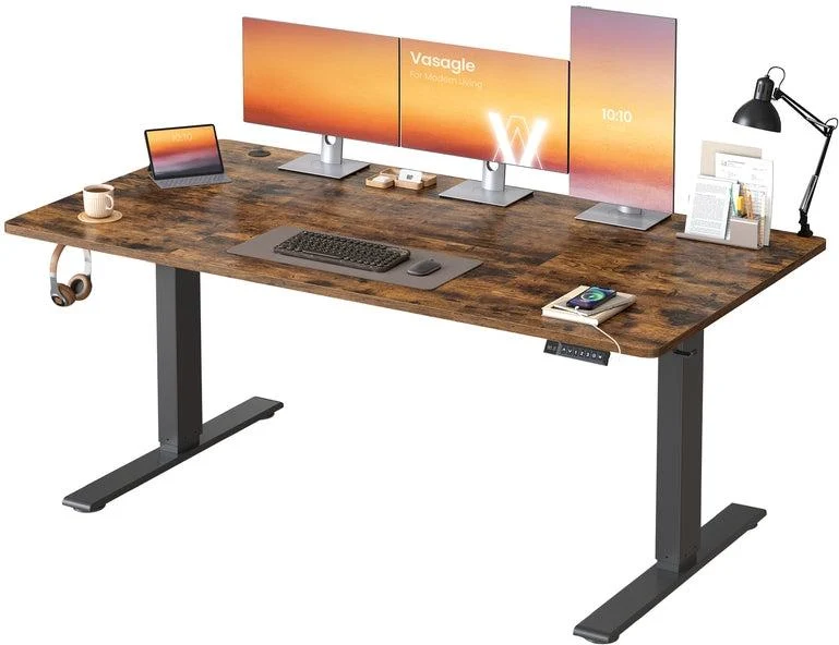 Bureau électrique réglable en hauteur 160 x 80 cm avec port USB et fonction mémoire 3 hauteurs style rustique en aggloméré marron 12_0012774