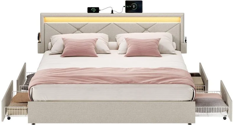 Lit double 210,2 x 169 x 88,2 cm confort optimal 4 tiroirs pratique tête de lit rembourrée en tissu beige cappuccino 12_0012507