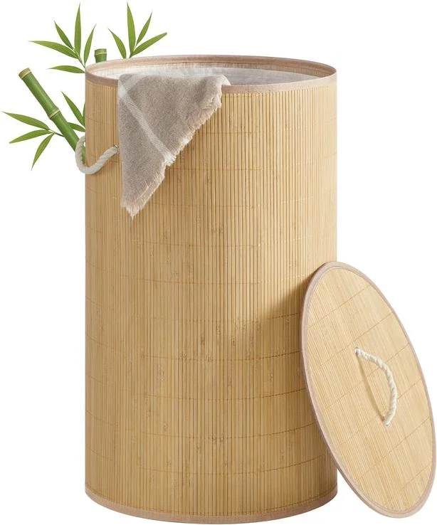 Panier à linge rectangulaire 40 x 70 cm pliable avec couvercle ergonomique finition naturelle en bambou 12_0012198