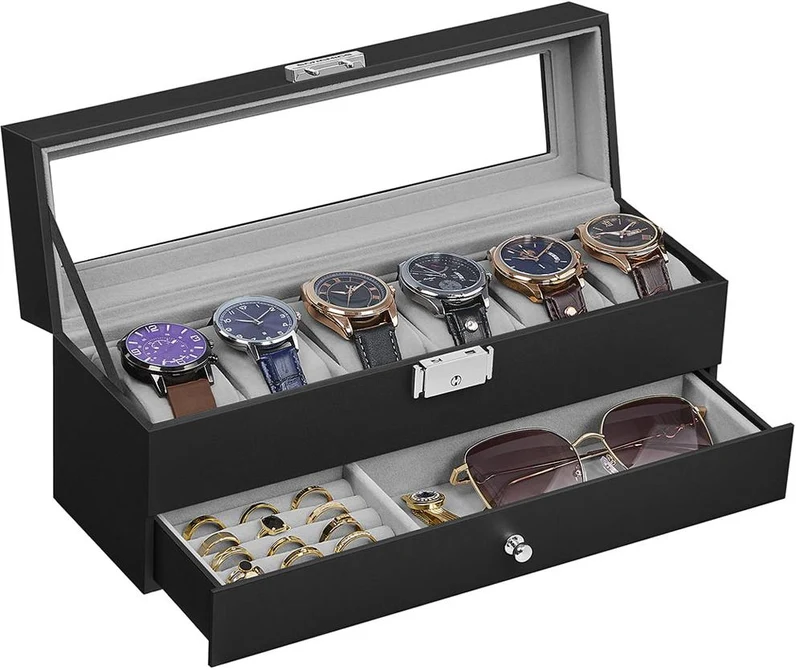 Boîte à montres verrouillable 10 x 32,5 x 13,5 cm avec 2 étages rangement élégant en MDF noir 12_0012152