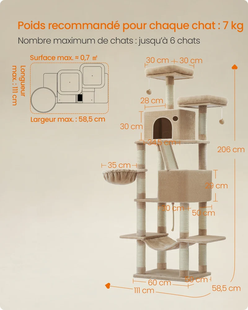 Arbre à chat tour de jeu 60 x 50 x 206 cm avec espace de repos et griffoirs en panneau d’aggloméré marron camel 12_0010862
