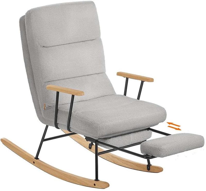 Home fauteuil à bascule pieds en bois d'hévéa tissu peluche chaise à bascule dossier réglable sur 4 positions supporte jusqu'à 160 kg pour chambre salon blanc crème 12_0007953