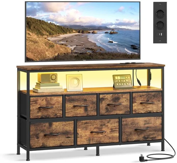 Commode de rangement industrielle avec éclairage LED 30 x 113,8 x 68,1 cm 7 tiroirs en aggloméré marron rustique 12_0012799