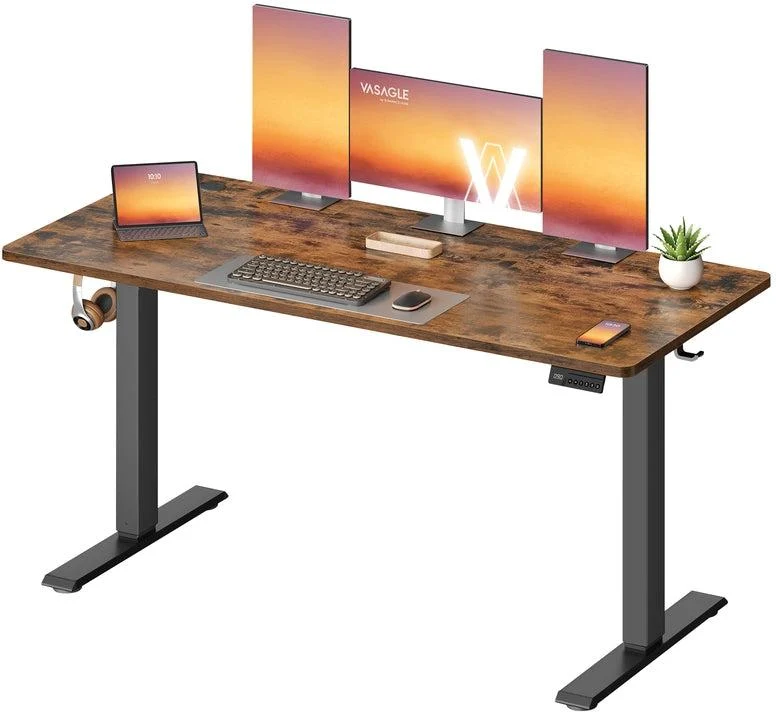 Bureau assis-debout réglable en hauteur 140 x 60 cm fonction mémoire design moderne télétravail en aggloméré marron 12_0012769
