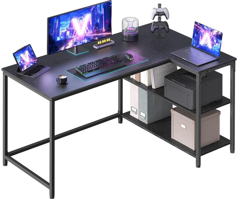 Bureau gaming en L avec rangement et étagères réglables 120 x 80 x 76 cm style contemporain en panneau d'aggloméré noir 12_0012657