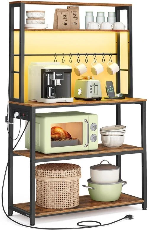 Étagère de cuisine avec support micro-ondes réglable 40 x 80 x 168,4 cm ambiance rustique finition noire en aggloméré marron 12_0012652