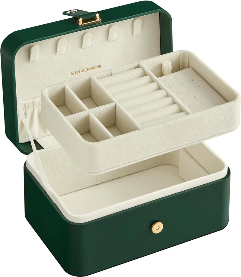 Boîte à bijoux de voyage 11 x 16 x 8 cm finition velours élégante style moderne en plastique vert forêt 12_0012324