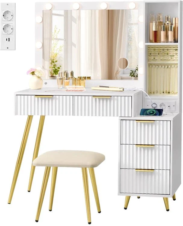 Coiffeuse avec miroir et tabouret table de maquillage 40 x 110 x 135 cm éclairage LED rangement bijou en MDF blanc 12_0012174