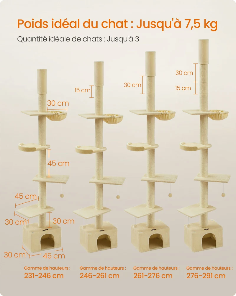 Arbre à chat réglable hauteur 231 x 30 x 291 cm avec griffoirs épais et perchoir style moderne en MDF beige 12_0011744