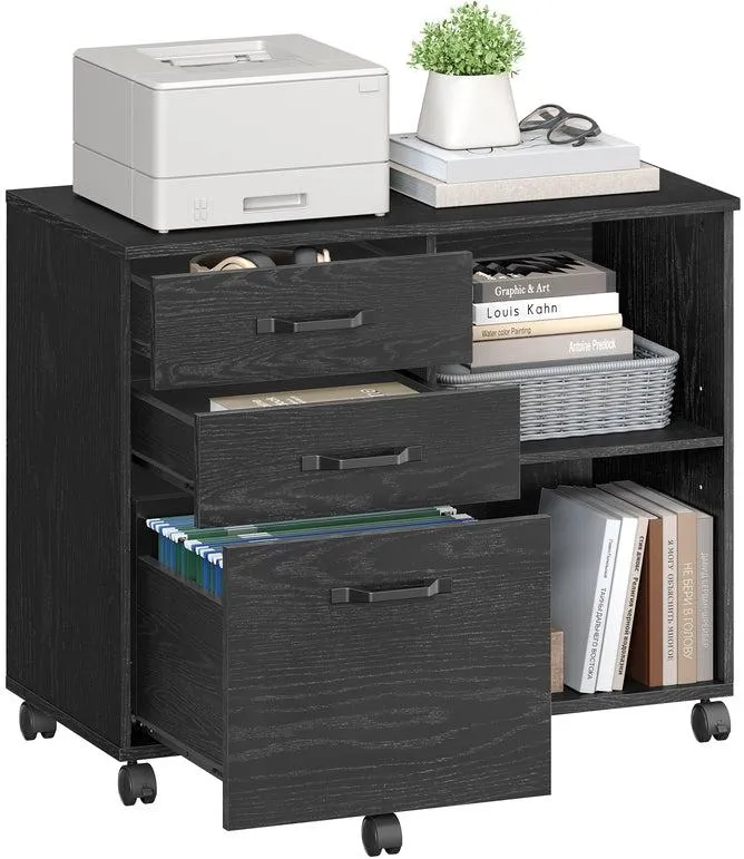 Caisson de rangement bureau 40 x 80 x 66 cm avec 3 tiroirs et compartiments ouverts style industriel en panneau d'aggloméré noir 12_0009136