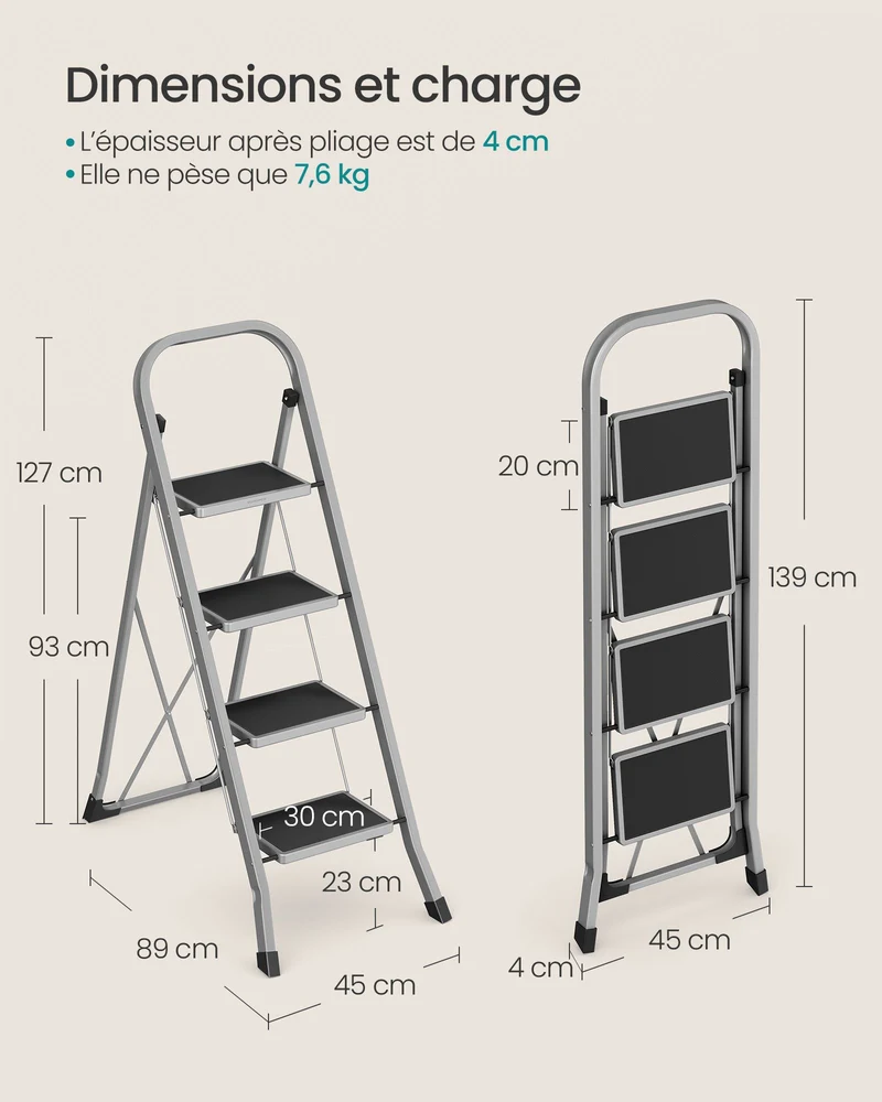 Échelle marchepied pliante 2 marches antidérapant 89 x 45 x 127 cm usage intérieur extérieur design épuré en acier gris tourterelle 12_0008954