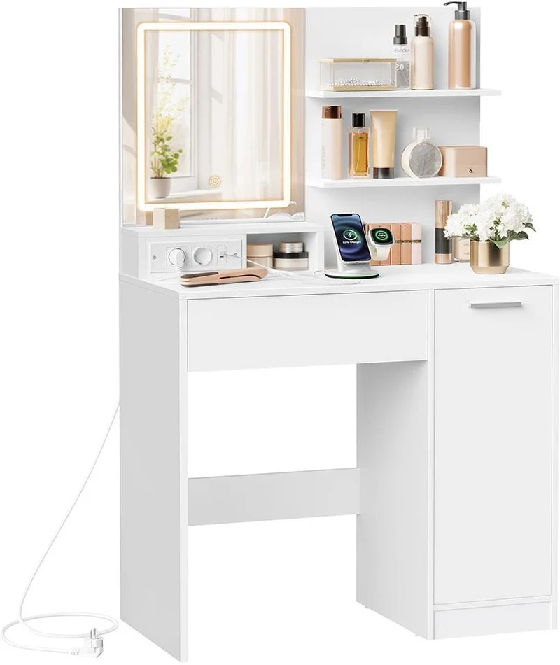 Coiffeuse table de maquillage avec miroir 40 x 80 x 132 cm rangement 1 tiroir 2 étagères style moderne en panneau d’aggloméré blanc 12_0009919