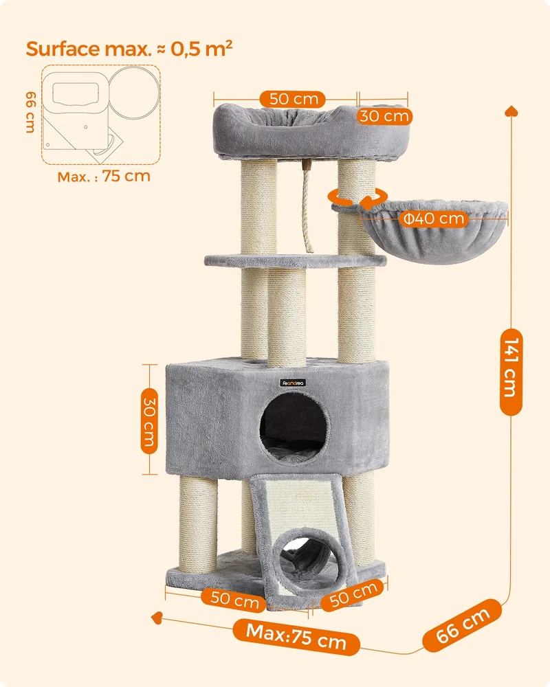 Arbre à chat avec plateforme d'observation grande grotte tunnel 50 x 50 x 141 cm stable confortable en panneau d'aggloméré gris clair 12_0009052