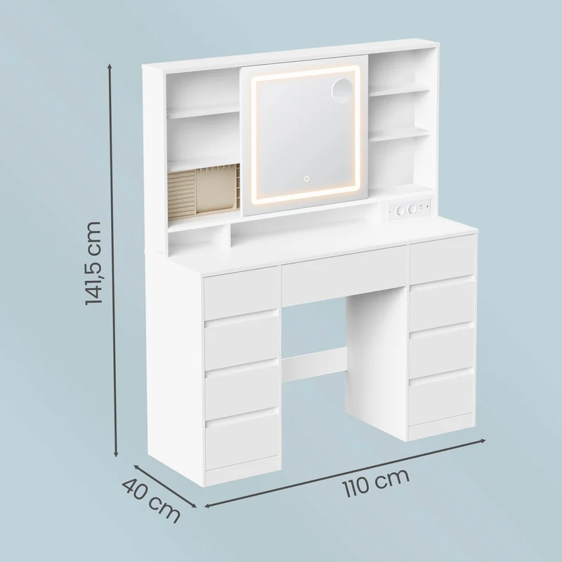 Coiffeuse avec miroir LED éclairage 3 couleurs 40 x 110 x 141,5 cm design moderne chambre en aggloméré blanc 12_0013182