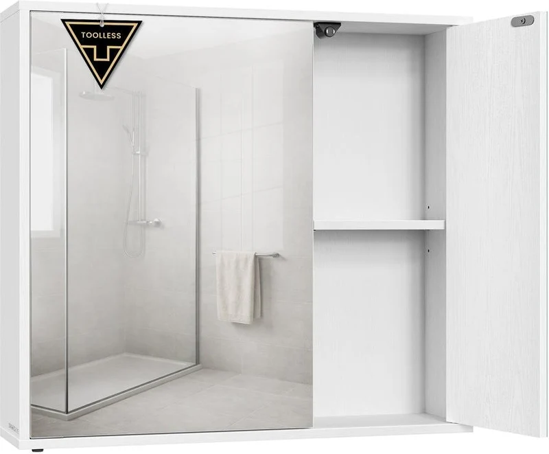 Armoire de salle de bain murale moderne avec miroir 15 x 60 x 55 cm rangement pratique étagères réglables en aggloméré blanc neige 12_0012497